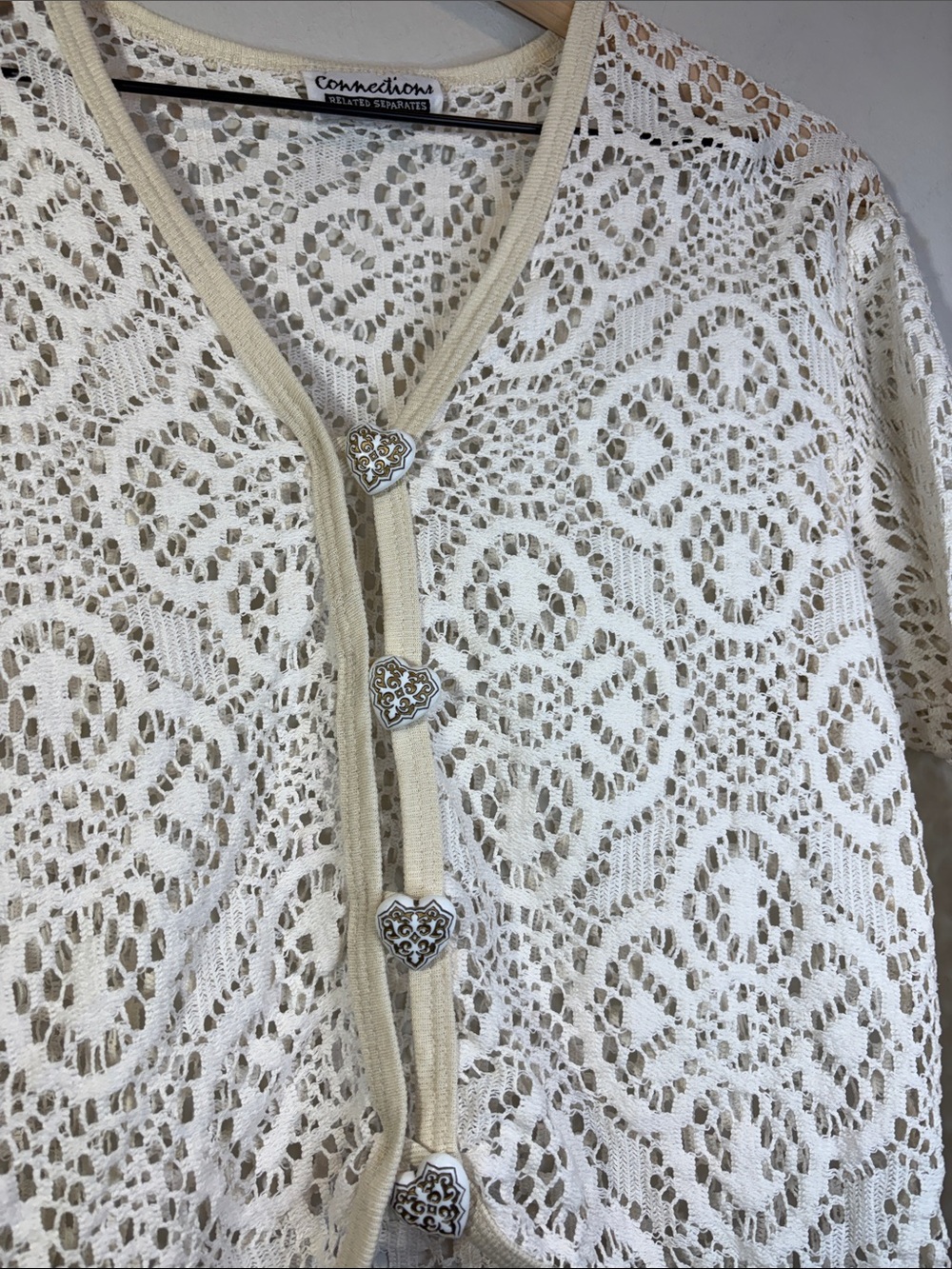 Chunky Heart Button Up Vintage 80s or 90s Cotton Cream Lace Cardigan See Through